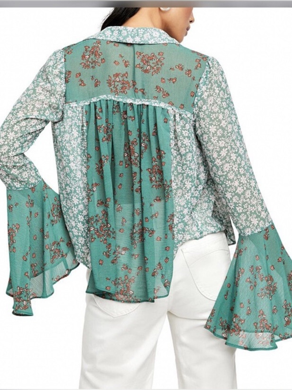Free People Serena Sheer Floral Flowy Printed Bell Sleeve Blouse Emerald Small - Picture 2 of 10